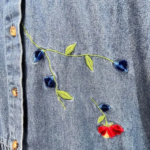 Vtg Bobbie Brooks Embroidered Denim Floral Shirt XL Floral Pintuck Blue Collar - Picture 9 of 16